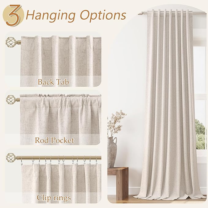 Guken Oatmeal 100% Blackout Curtains 96 Inch Length 2 Panels Set for Living Room Bedroom Back Tab Thermal Insulated Black Out Linen Drapes Room Darkening Window Curtains 96 Inches Long