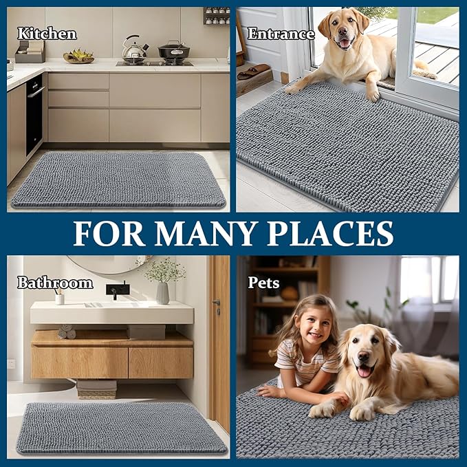 OLANLY Dog Door Mat for Muddy Paws 50x30, Absorbs Moisture and Dirt, Absorbent Non-Slip Washable Doormat, Quick Dry Chenille Mud Mat for Dogs, Entry Indoor Entryway Carpet for Inside Floor, Grey
