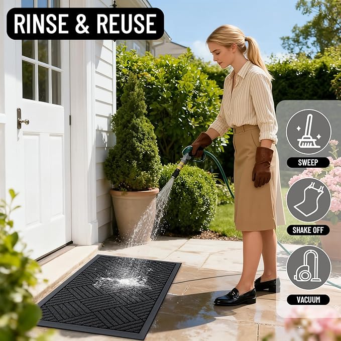 OLANLY Front Door Mat Outside Entrance 33x21, Absorbent, Heavy Duty Sturdy Natural Rubber Doormat Indoor Outdoor, Stain and Fade Resistant, Non-Slip Low Profile Floor Mat for Entryway, Black Diamond