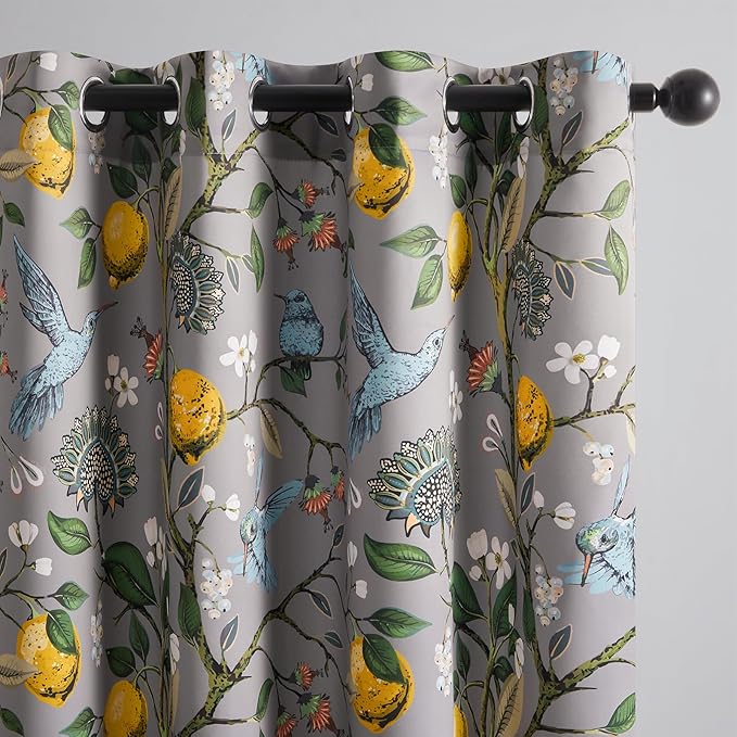 Topfinel Kitchen Curtains 45 Inch Length Gray Vintage Blackout Curtains for Cafe Kitchen, Short Grommet Luxury Whimsical Floral Hummingbird Patterned 45 Inches Long for Living Room Bedroom