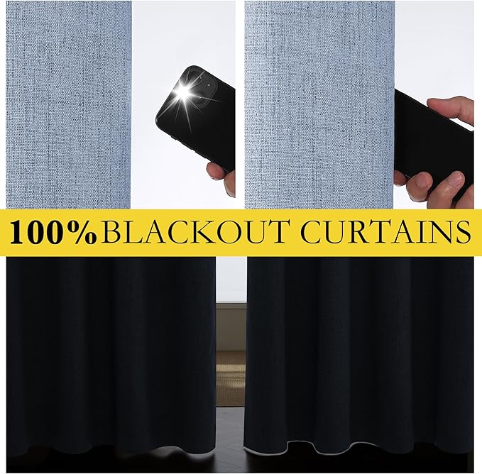NICETOWN Stone Blue Vintage Linen 100% Blackout Curtains for Living Room, Thermal Insulated Curtains 95" Long, Noise Reducing Window Treatment Drapes for Bedroom, 52" Wide Per Panel, Set of 2