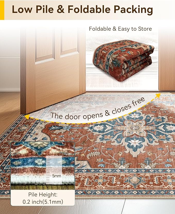 Area Rugs 5'x7' Washable Non-Slip, Floral Vintage Distress Print Pattern Medallion Carpet for Living Room Bedroom Dining Room, Red Orange Blue Brown