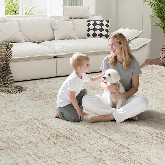9x12 Area Rugs for Living Room Washable Rug: Anti-Skid Abstract Modern Living Room Rug Soft Thin Carpets Indoor Floor Non-Shedding Carpet for Bedroom Dining Farmhouse Nursery Home Office Beige White