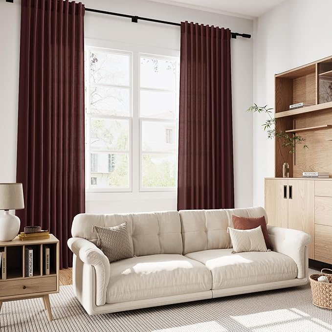 Reddish Brown Linen Curtains 72 Inch Long for Living Room Bedroom Lightweight Door Drapes 2 Panels Set, Semi Sheer Light Filtering Back Tab or Rod Pocket Curtain,52x72