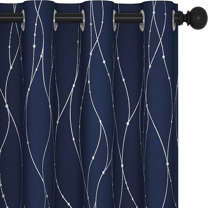 Deconovo Blackout Curtains 54 Inch Length for Kitchen, Navy Blue Curtain, Thermal Insulated Soundproof Privacy Curtain with Silver Wave Dot Print, Machine Washable Panel for Small Windows Nursery Home