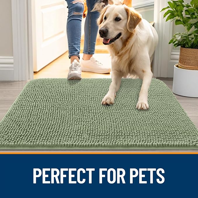 OLANLY Dog Door Mat for Muddy Paws 59x20, Absorbs Moisture and Dirt, Absorbent Non-Slip Washable Doormat, Quick Dry Chenille Mud Mat for Dogs, Entry Indoor Entryway Carpet for Inside Floor, Sage Green