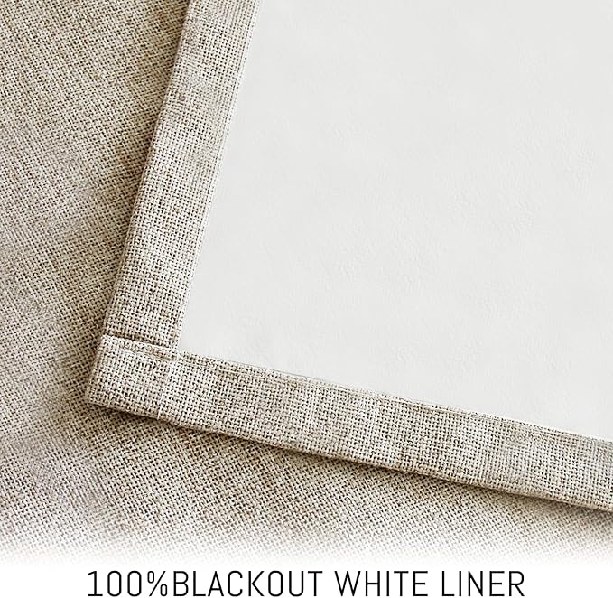 Yakamok Natural Linen Curtains 100% Blackout 90 Inches Long,Room Darkening Textured Curtains for Living Room Thermal Grommet Bedroom Curtains 2 Panels with Greyish White Liner