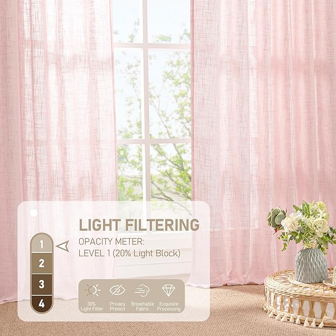 LAMIT 72 inch Pink Linen Curtains for Living Room 2 Panels, Linen Textured Light Filtering Semi Sheer Back Tab and Rod Pocket Farmhouse Curtain Panels for Bedroom/Farmhouse, 52 x 72 Inch