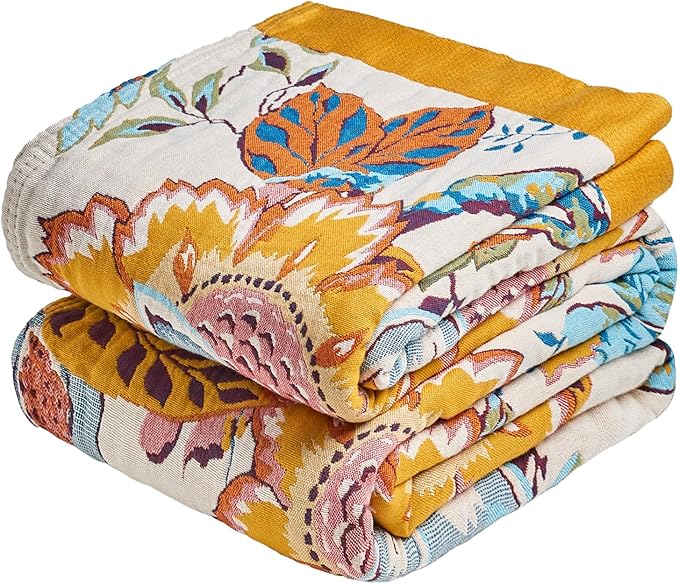MSGKV Boho Throw Blanket 90"x108" Floral Cotton Blanket for Bed Spring Breathable Lightweight Farmhouse King Blankets Home Decor Muslin All Seasons