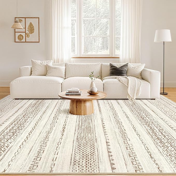 Nakagishi Area Rug Living Room Rugs: 5x7 Machine Washable Boho Large Neutral Farmhouse Stain Resistant Moroccan Indoor Floor Carpet for Bedroom Nursery Dorm Classroom Playroom Dining Room Home- Brown