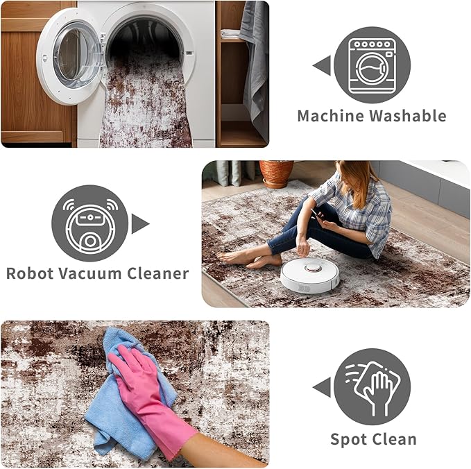 4x8 Wide Washable Runner Rug: Easy-to-Clean Runners for Hallway Entryway Kitchen Bedroom Living Room - Stain and Water Resistant Rugs with Non-Slip Backing - Soft Low-Pile Carpet Brown Khaki White