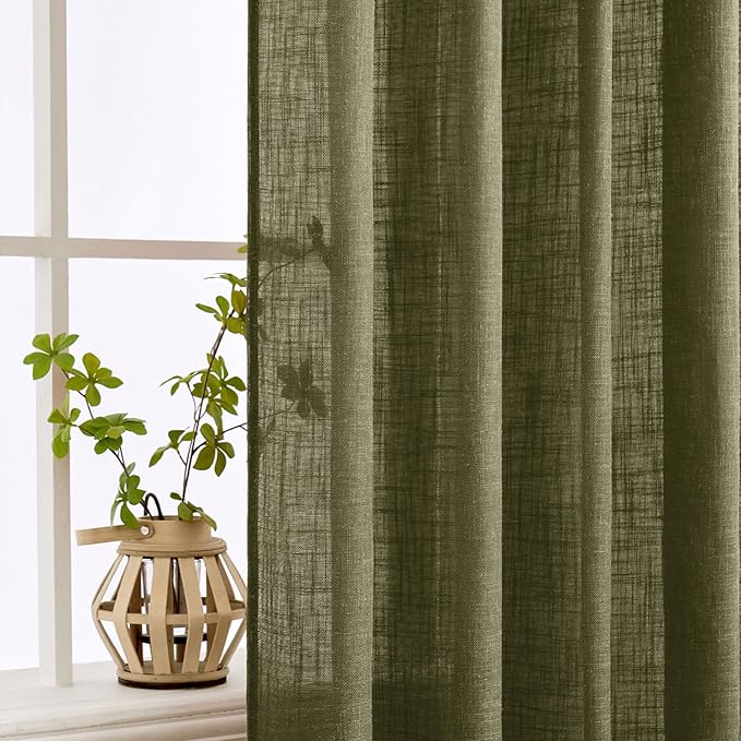 MIULEE Light Olive Green Linen Curtains 63 Inch Length 2 Panels for Bedroom Living Room, Soft Linen Textured Natural Kitchen Window Drapes Semi Sheer Light Filtering Back Tab Rod Pocket Burlap Look
