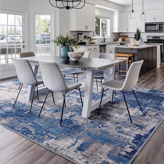 Washable Area Rugs Square 7ft Non-Slip Modern Abstract Soft for Living Room Entryway Bedroom Nursery, Print Pattern, Blue Grey Navy Gray
