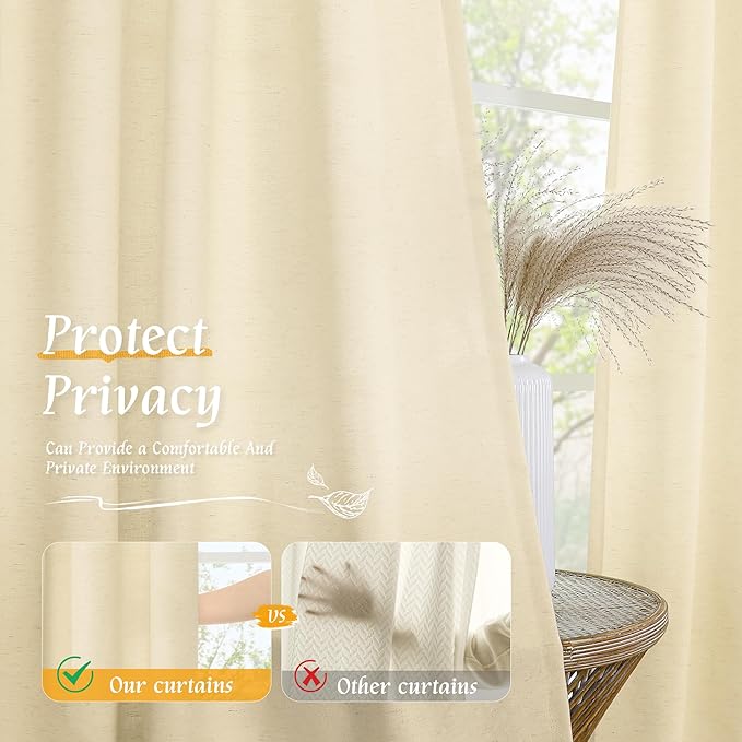 LAMIT Beige Linen Curtains 63 Inch for Bedroom, Light Filtering Neutral Faux Linen Privacy Curtains Rod Pocket Living Room Panels for Small Window, 2 Panels, 52 x 63 Inch, Beige
