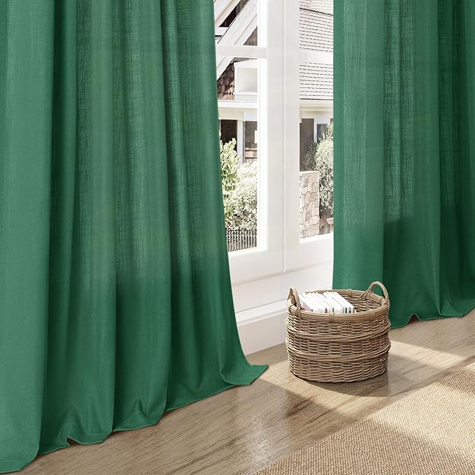 Extra Long Dark Green Linen Curtains 120 Inch for Living Room 2 Panels Set Rod Pocket Back Tab Linen Window Drapes Semi Sheer Light Filtering Privacy High Ceiling Drapes for Farmhouse 52x120
