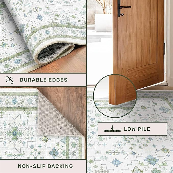 Hazo Haus Blue and Green Washable Rugs 3x6 - Vintage Boho Floral Pastel Cream, Washable Low Pile Non Slip Small Throw Accent Area Rug for Entry Way, Laudry Room, Kitchen, Bedroom Beside Bed Decor