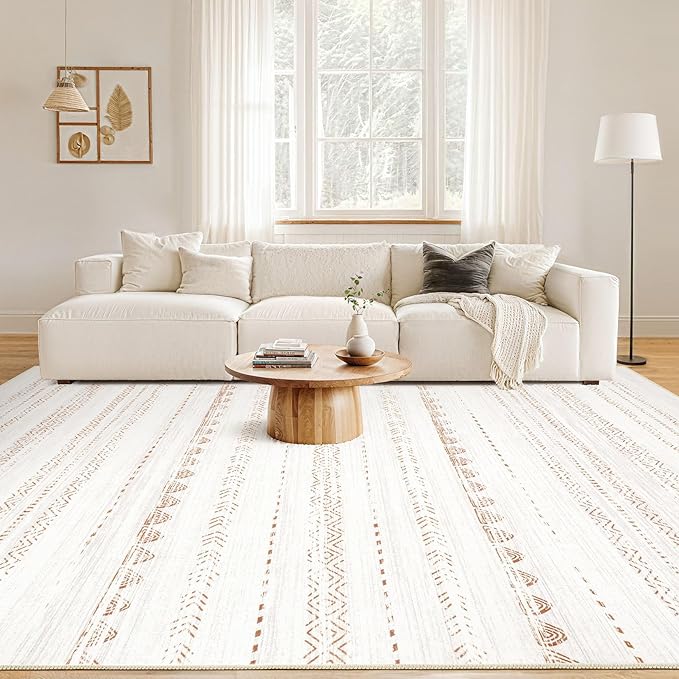 Nakagishi 10x12 Area Rug Living Room: Washable Boho Large Neutral Modern Soft Stain Resistant Farmhouse Indoor Floor Rug Non Slip Accent Carpet for Bedroom Nursery Kids Playroom Office- Brown