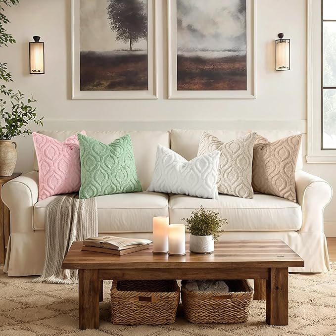 decorUhome Throw Pillow Covers 20x20 Inch Set of 2, Soft Plush Faux Wool Beige Solid Couch Pillow Covers, Accent Farmhouse Neutral Square Pillow Cases for Sofa Bed Living Room