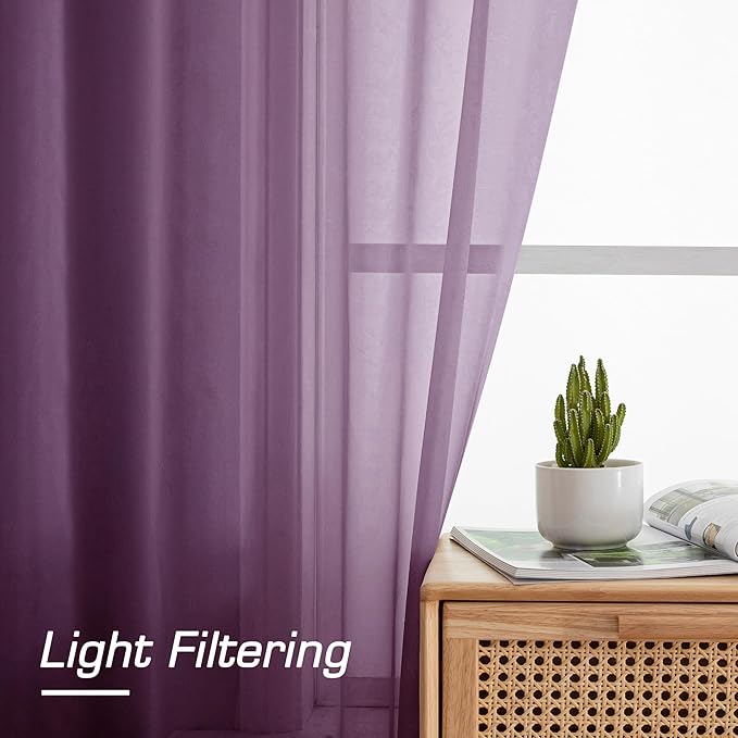 OWENIE Sheer Curtains 72 Inches Long 2 Panels Set, Transparent Light Filtering Plum Sheer Curtain Rod Pocket Clear Drapes for Living Room Bedroom Window Sliding Glass Door, Each 42 x 72 Inch, Plum