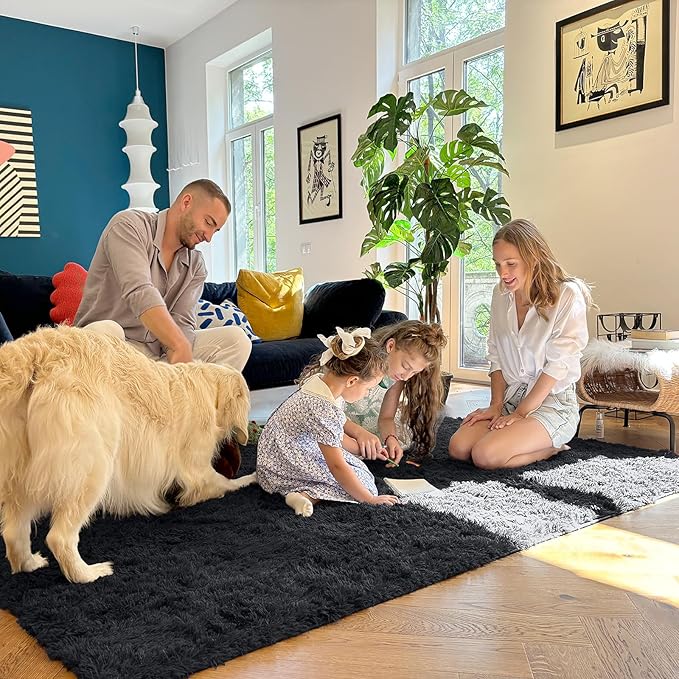 OLANLY 5x5 Area Rugs for Living Room Bedroom, Machine Washable Soft Fluffy Shaggy Bedside Rug, Indoor Floor Carpet for Kids Girls and Boys, Dorms, Nursery Rooms, Home Decor Aesthetic, Black