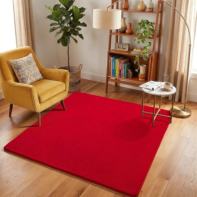 Amearea 5x5 Square Area Rugs for Bedroom Living Room, Modern Red Thickened Memory Foam Rug, Fluffy Indoor Washable Rugs Non Slip Minimalist Carpet for Kids Boys Girls Dorm Nursery Room Decor