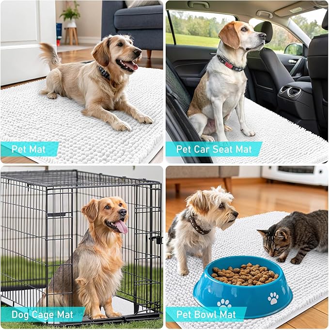 OLANLY Dog Door Mat for Muddy Paws 54x24, Absorbs Moisture and Dirt, Absorbent Non-Slip Washable Doormat, Quick Dry Chenille Mud Mat for Dogs, Entry Indoor Entryway Carpet for Inside Floor, White