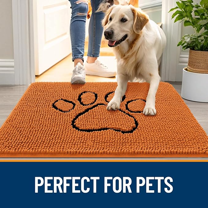 OLANLY Dog Door Mat for Muddy Paws 30x20, Paw Print Design, Absorbs Moisture and Dirt, Absorbent Non-Slip Washable Doormat, Quick Dry Chenille Mud Mat for Dogs, Entry Indoor Entryway Carpet, Clay