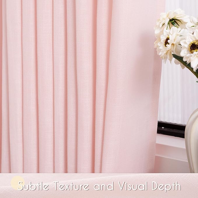 Pink Linen Curtains 90 Inch Long Back Tab Rod Pocket Window Treatment Curtain Panels for Girls Bedroom Semi Sheer Light Filtering Farmhouse Rustic Boho Elegant Drapes 52 x 90 Inch