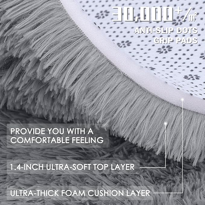 OLANLY Light Grey Round Rugs for Bedroom - Machine Washable, 8 ft Circle Area Rugs for Living Room, Soft and Fluffy Shaggy Carpet for Teen Girls and Boys, Nursery Rooms, Dorms, Home Decor Aesthetic