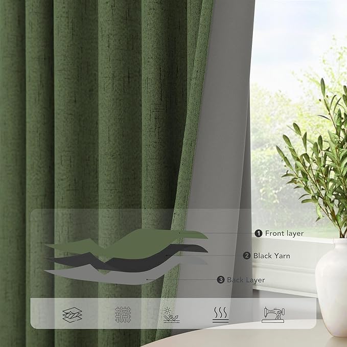 Ptialk Elegant Blackout Curtains for Living Room Eclectic Moody Dark Olive Green Linen Curtains 72 Inch Length 2 Panels Set Long Drapes for Closet Cover Back Tab Rod Pocket Hunter Green 52x72