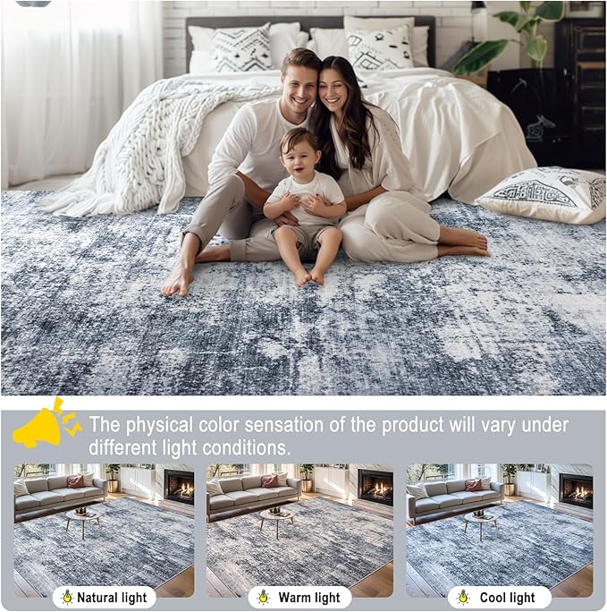 8x10 Area Rugs for Living Room - Washable Rug Modern Abstract Soft Large Neutral Non-Slip Carpet Indoor Floor Thin Carpets for Bedroom Dining Room Farmhouse Nursery Home Office Grey Blue