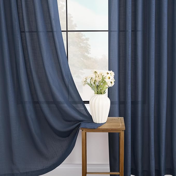 Navy Blue Curtains for Living Room Back Tab Modern Farmhouse Semi Sheer Blue Curtains 144 inches Long 2 Panels Set Muted Neutral Window Curtain for Dining Room Bedroom 52x144