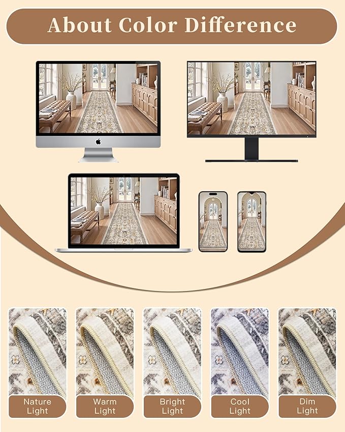Madane Washable Rug 8x10 Area Rugs for Living Room, Ultra-Thin Non-Slip Backing Rug, Stain Resistant Vintage Large Area Rug for Bedroom (Brown/Gold, 8'x10')