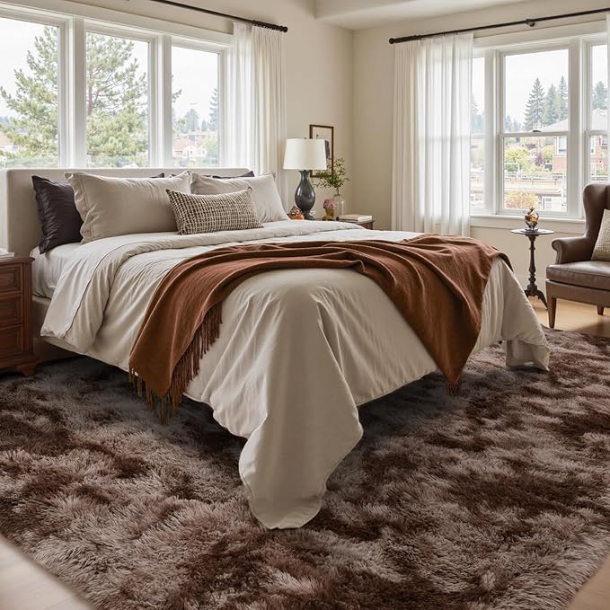 4x6 Ft Shag Brown Area Rug for Bedroom Living Room, Tie-Dyed Ultra Soft Fluffy Furry Rugs for Indoor Floor, Aesthetic Carpet for Kids Home Decor (Coffee)