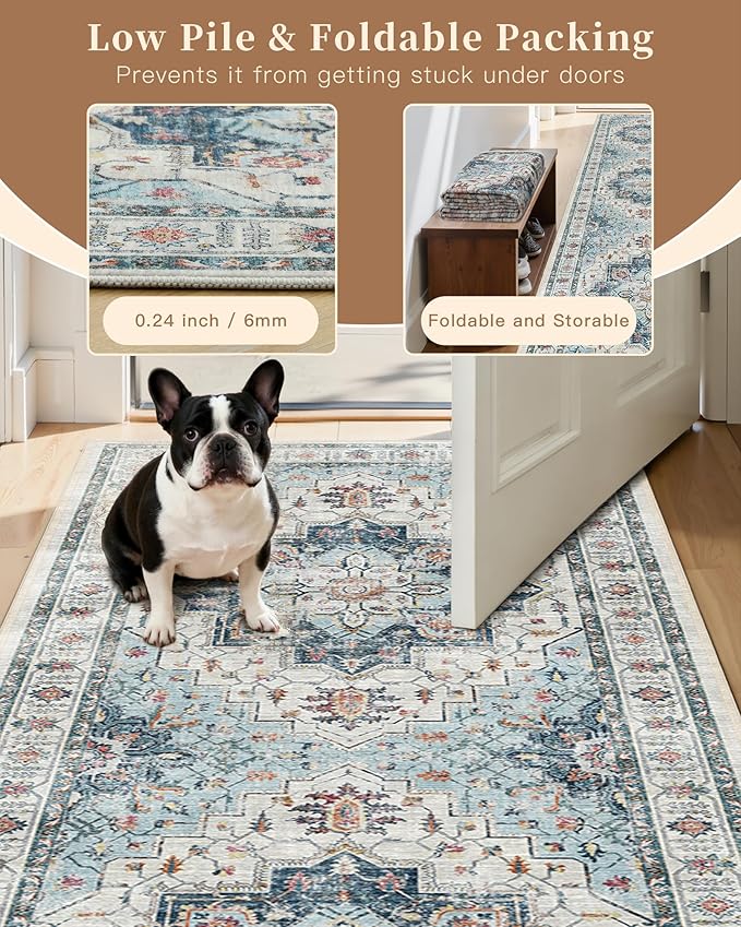 Madane Hallway Runner Rug 2'6''x16' Kitchen Runner - Non Slip Vintage Runners for Hallways Washable Kitchen Rugs Soft Low Pile 2.5x16 ft Rug Runner for Laundry Room, Entryway and Bedroom, Blue