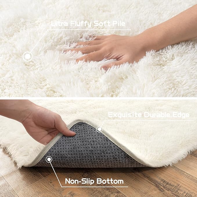 Pionblank Fluffy Runner Rugs for Bedroom 2x6, Modern Shaggy Area Rug for Hallway Living Room, Plush Soft Fuzzy Bedside Carpet for Kids Girls Boys Room Nursery Decor, Cream White