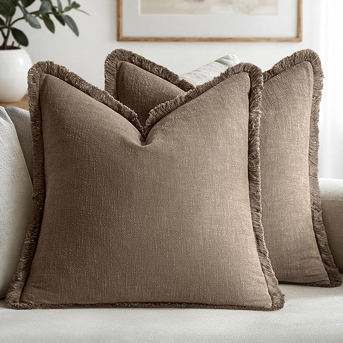 MIULEE Decorative Throw Pillow Covers Neutral Linen Fringe Throw Pillows Set of 2 Cocoa Brown Boho Farmhouse Cushion Covers for Couch Sofa Bed Living Room Spring Home Decor 20x20 Inch