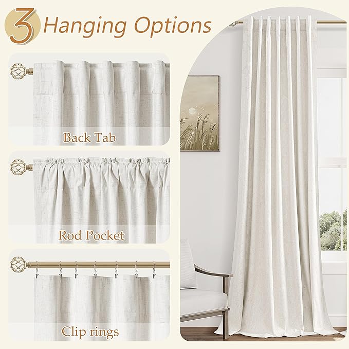 Beige White 100% Blackout Linen Curtains 100 Inch Length 2 Panels Set for Living Room Bedroom Back Tab Thermal Insulated Black Out Drapes Room Darkening Farmhouse Style for Bedroom Window Curtains