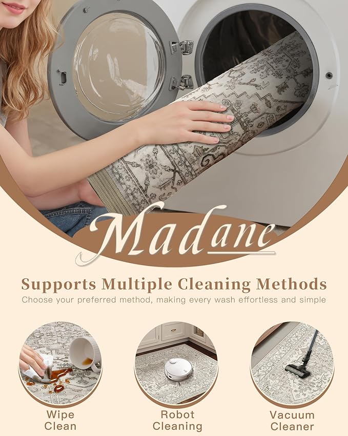 Madane Runner Rug 2x8, Washable Hallway Runner Rugs, Non-Slip Low-Pile Soft Kitchen Rug Runner Laundry Room Rug, Vintage Throw Entry Foyer Mat for Entrance Living Room (Beige/Brown, 2 x 8)