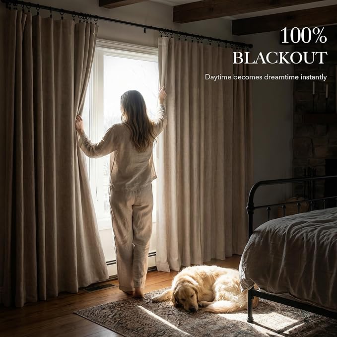 RYB HOME Burlap 100% Blackout Linen Curtains for Bedroom 52 Width 120 Long, Thich Elegant Extra Long Drapes for Modern/Vintage/Farmhouse Home Decor, Thermal Insulated Window Treatment, 2 Panels