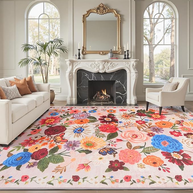 Pink/Beige Floral Washable 6x9 Area Rugs, Soft Bedroom Rug for Living Room Ultra-Thin Non Slip Dining Room Rug, Stain Resistant Rugs Easy Clean Throw Carpet for Office(Beige/Pink Garden, 6 x 9)
