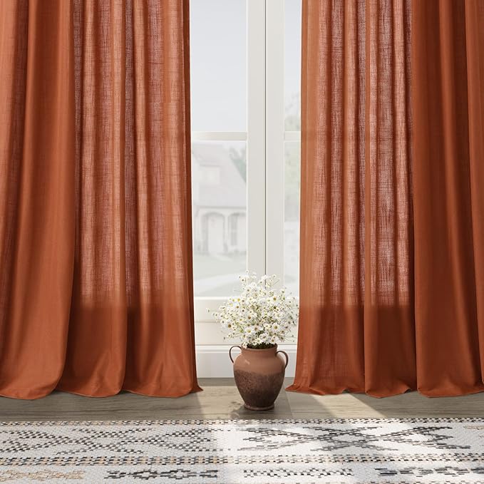 Rust Linen Curtains 90 inches Long 2 Panel Back Tab Rod Pocket Rustic Farmhouse Boho Linen Curtain for Dining Room Brick Burnt Bohemian Fall Decor Terracotta Colored Semi Sheer Curtains 90 inch Length