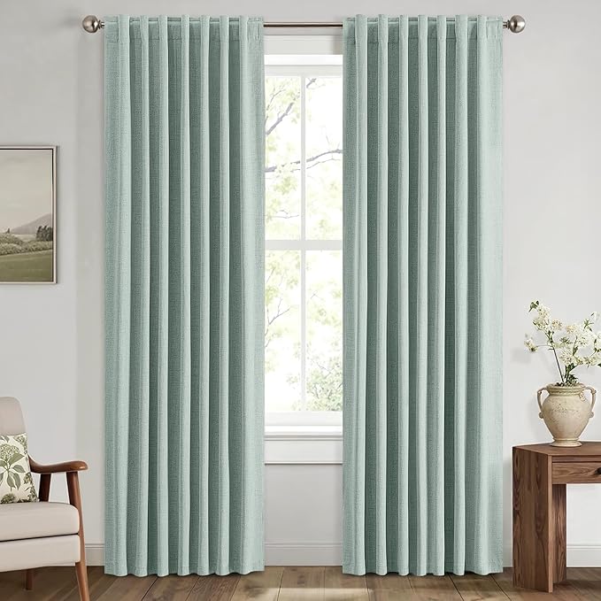 MIULEE 100% Blackout Linen Curtains for Bedroom, Seafoam Green Solid Luxury Decor Thermal Insulation Room Darkening Drapes for Living Room Nursery Back Tab Rod Pocket 42 x 63 Inches, 2 Panels