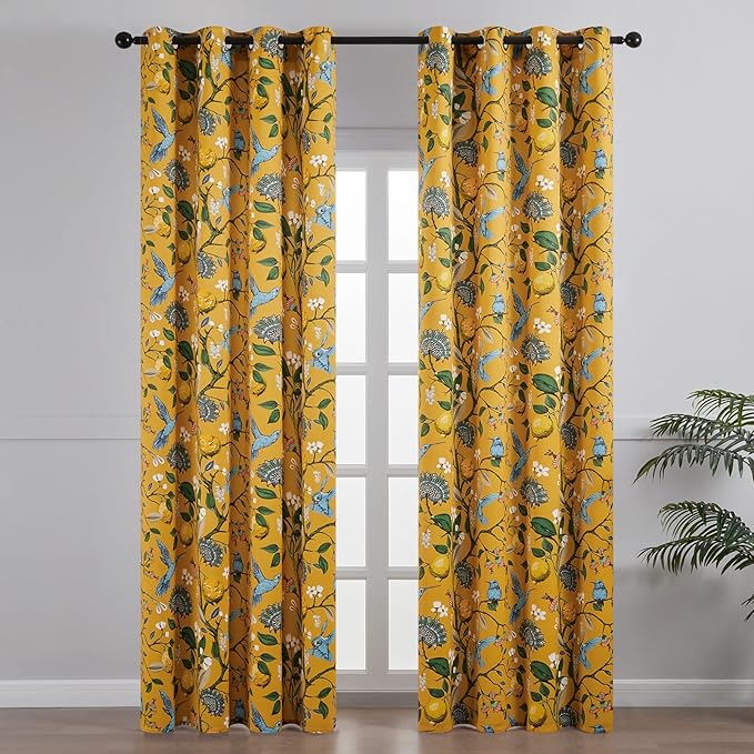 Topfinel 102 Inches Long Mustard Yellow Luxury Curtains for Living Room Bedroom, Blackout Vintage Art Deco Victorian Curtains Floral Lemon Hummingbird Printed Grommet Drape 102 Inch Length