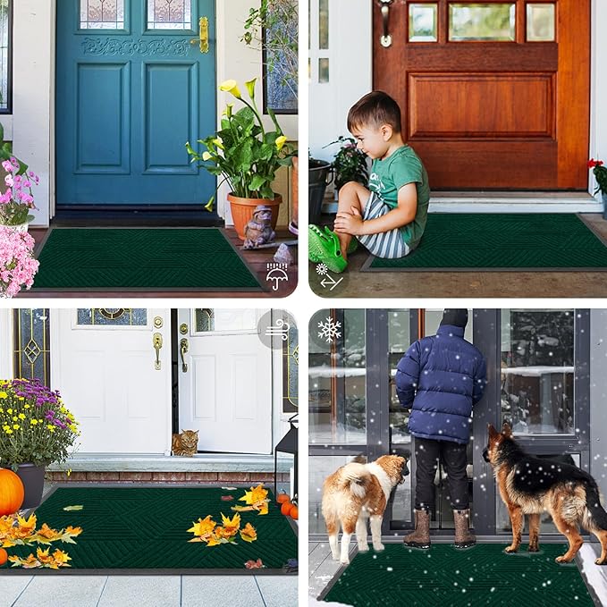 Smiry Front Door Mat Outside Entrance, Heavy Duty Sturdy Natural Rubber Doormat, Trap Dirt and Moisture, Easy Clean Low Profile Mats for Indoor Outdoor Entry, Irregular Triangle (47x32, Deep Green)