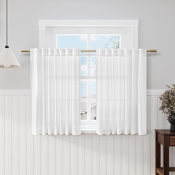 Nanspring White Linen Curtains 49 Inch Length Back Tab Pocket Semi Sheer Light Filtering Short Curtain Farmhosue Small Curtains for Basement Window Bathroom Living Room 2 Panels Set 52x49