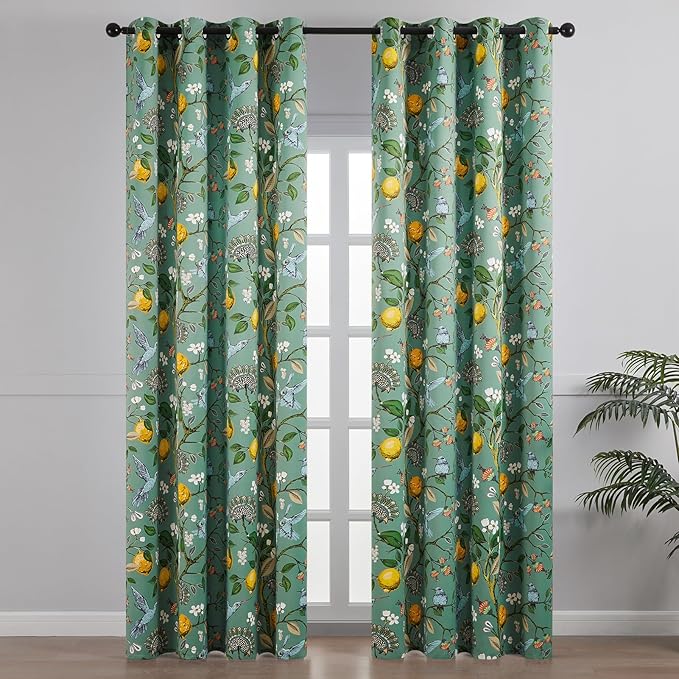 Topfinel 80 Inches Long Custom Sage Green Luxury Curtains for Living Room Bedroom, Blackout Vintage Victorian Curtains Floral Lemon Hummingbird Printed Grommet Drape 80 Inch Length