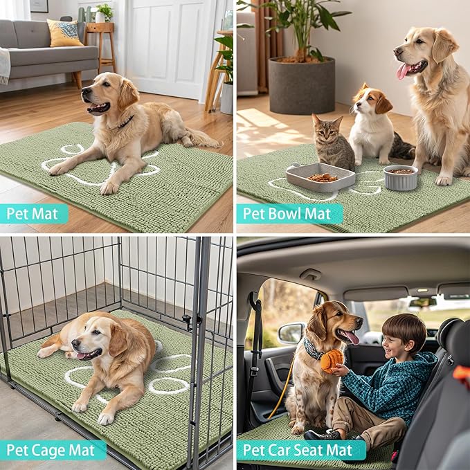 Smiry Dog Door Mat for Muddy Paws, Absorbent Dirt Trapper Non Slip Quick Dry Washable Chenille Mat for Mud Dogs, Entry Rug for Indoor and Outdoor (70x24 Inches, Sage Green and White)