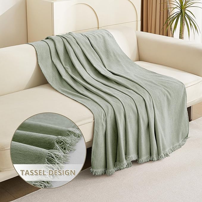 MYSKY HOME Chenille Sofa Slipcovers Sage Green Sofa Covers with Tassel Edge L Shaped Sectional Couch Covers for 3 Cushion Couch, Washable Thick Durable Furniture Protector for Dogs Kids 91"x 134"