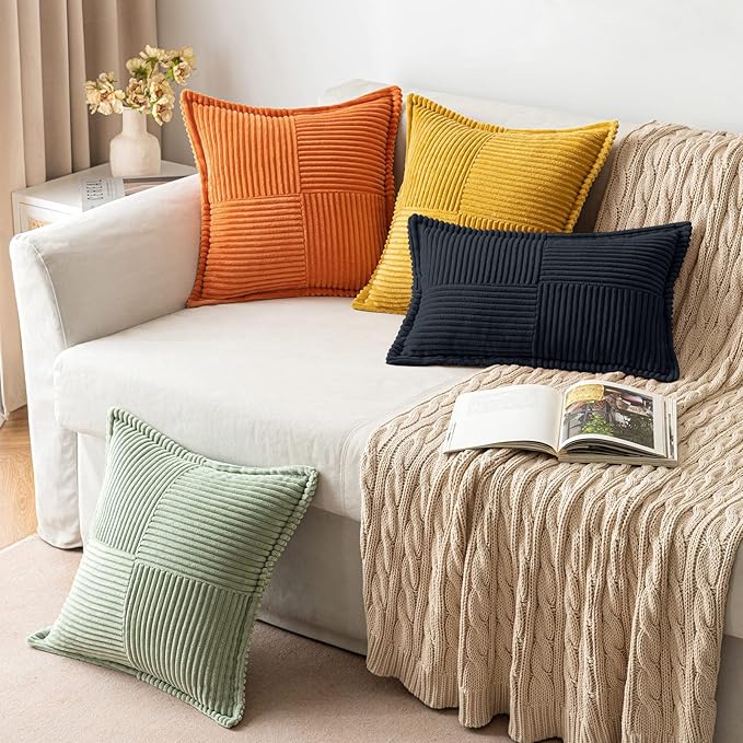 MIULEE Black Corduroy Decorative Euro Sham Pillow Covers 24x24 Inch with Splicing Set of 2 Soft Boho Pillow Covers Broadside Textured Pillowcases for Halloween Couch Bed Livingroom